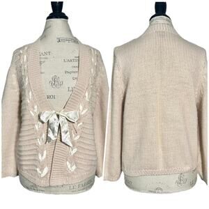 H&M | Women | Beige Wool Blend Ribbon Tie Trim Chunky Knit Cardigan | Medium
